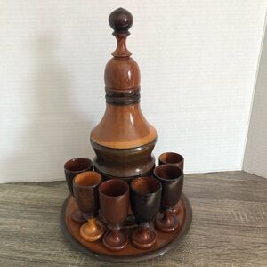 Vtg MCM Wooden Decanter and Glass Set
